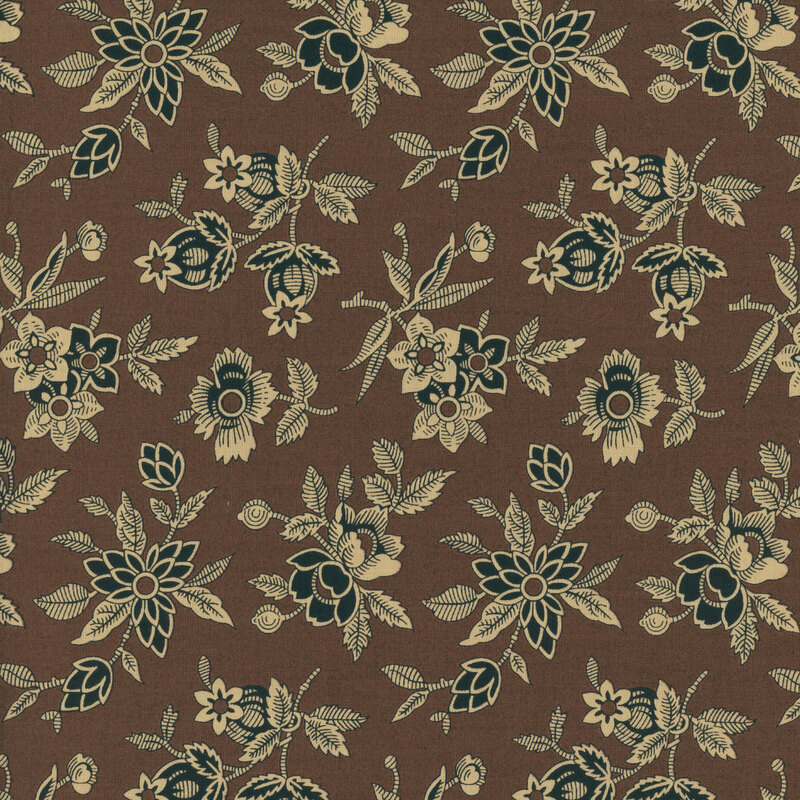 fabric pattern of black and cream flowers on a brown background