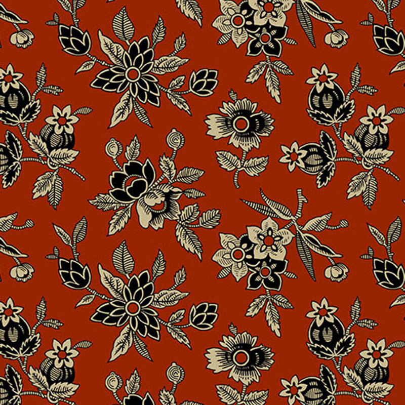 fabric pattern of black and cream flowers on a brick red background