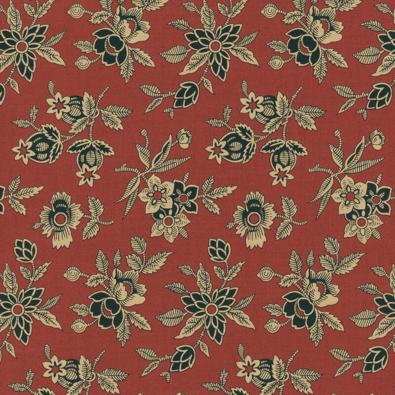 fabric pattern of black and cream flowers on a brick red background