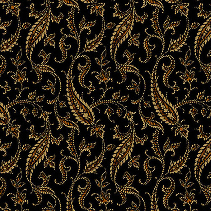 fabric pattern of brown and tan paisley on a black background