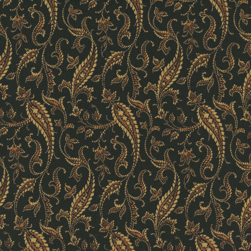 fabric pattern of brown and tan paisley on a black background