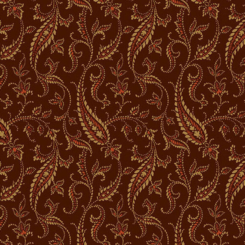 fabric pattern of red and tan paisley on a brown background