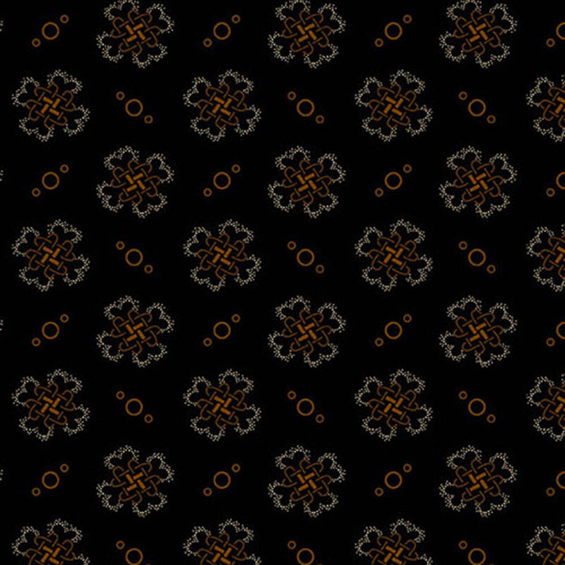 fabric pattern of golden threads of knots and circles on a black background