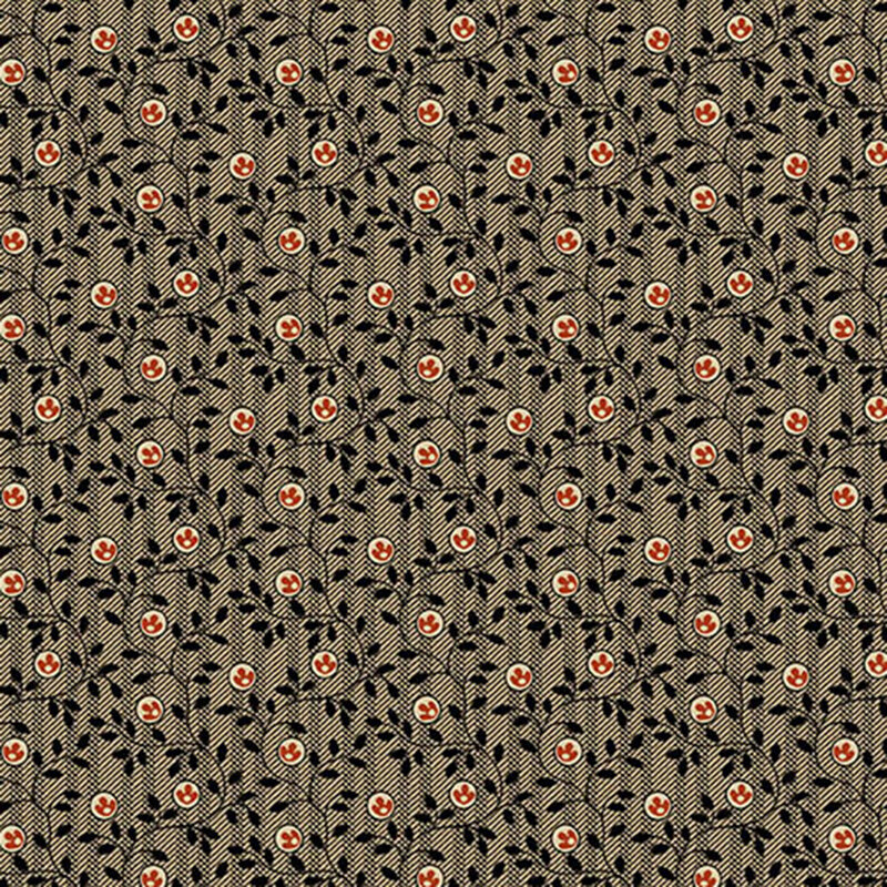 fabric patterns of motif like berries on black leaves and vines on a tan background