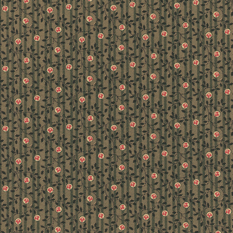 fabric patterns of motif like berries on black leaves and vines on a tan background