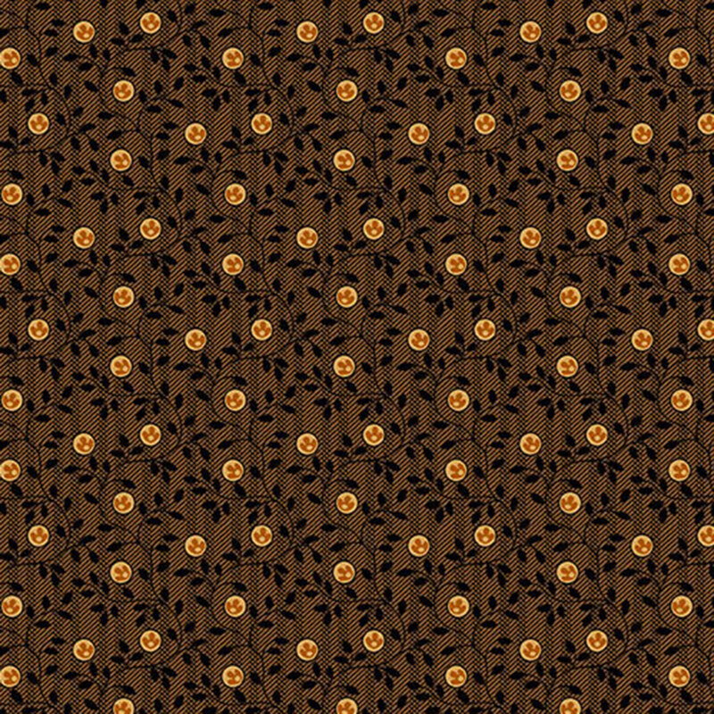 fabric patterns of motif like berries on black leaves and vines on a brown background