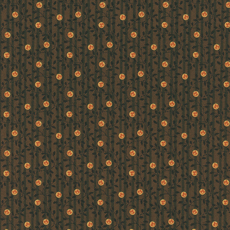 fabric patterns of motif like berries on black leaves and vines on a brown background