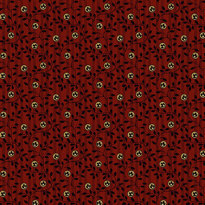 fabric patterns of motif like berries on black leaves and vines on a red background