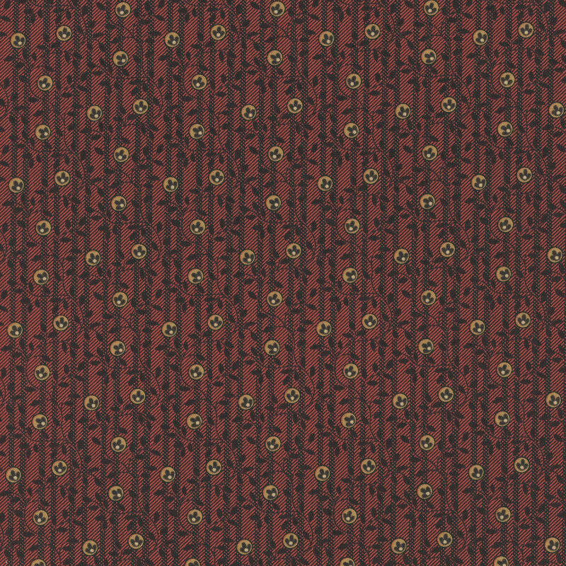 fabric patterns of motif like berries on black leaves and vines on a red background
