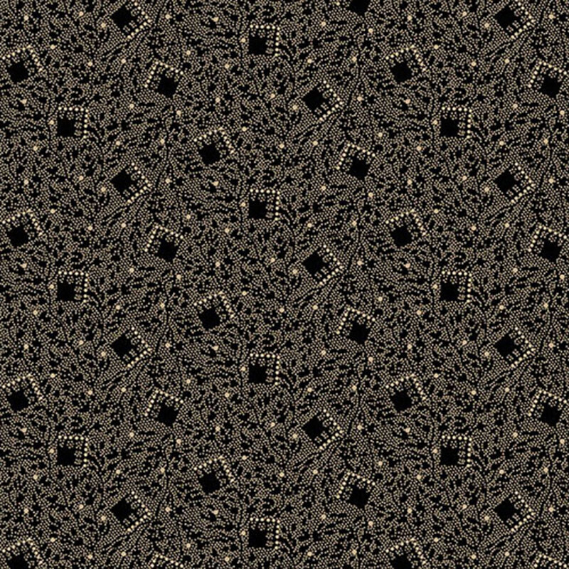 fabric patterns of motif squares on a black background