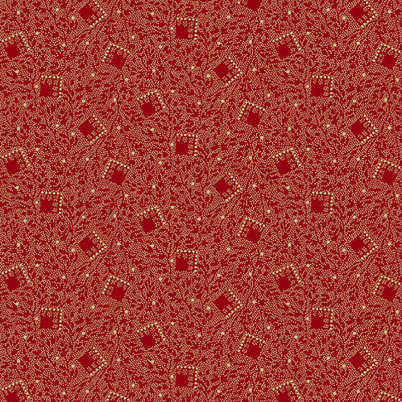 fabric patterns of motif squares on a red background