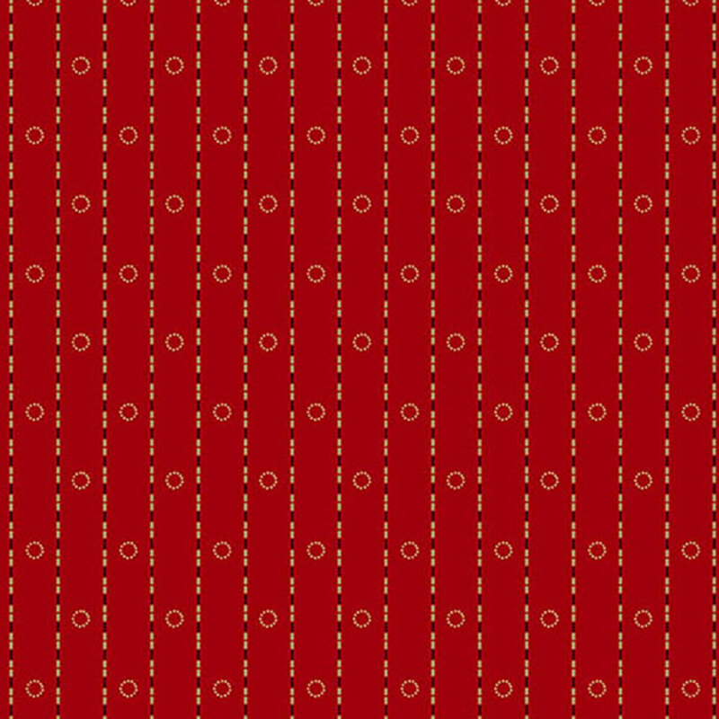 fabric pattern of stripes and circles on a red background