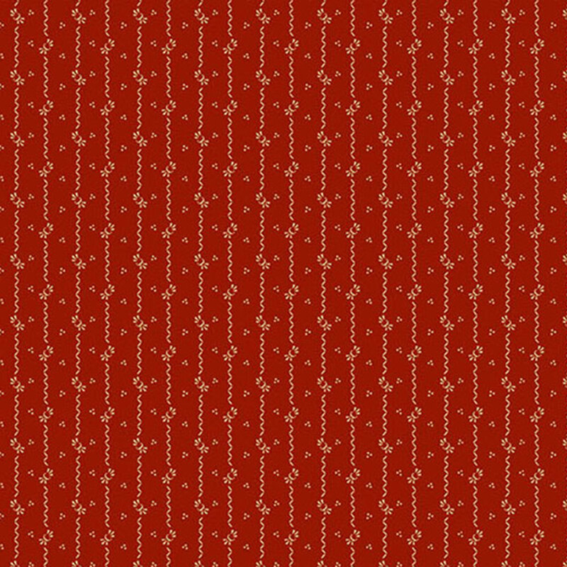 fabric pattern of curled stripes and motifs on a red background