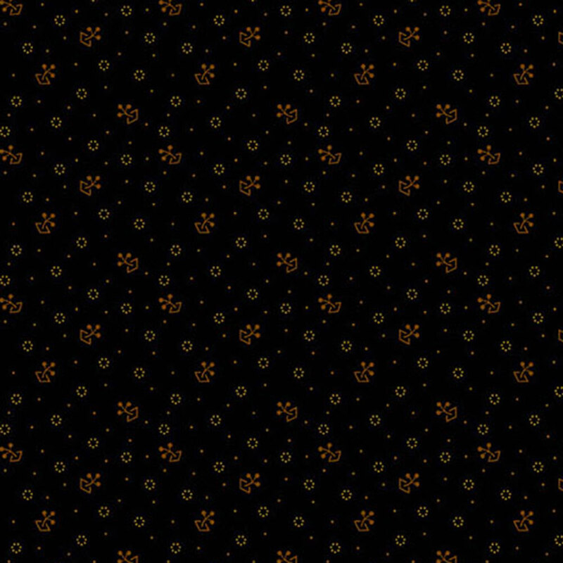 brown playful motif fabric pattern with a black background