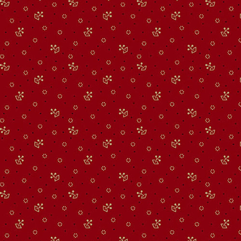 white playful motif fabric pattern with a red background