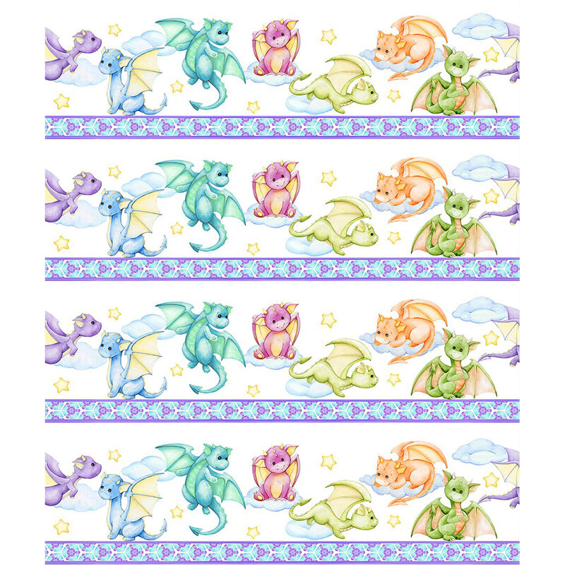 A white border stripe fabric with friendly dragons flying amongst clouds and stars.