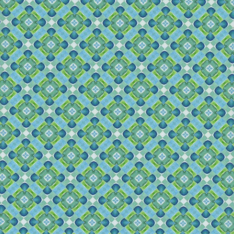 Teal fabric with a green diagonal geometric pattern.