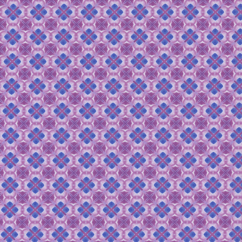 Purple fabric with a blue and darker purple floral geometric pattern.