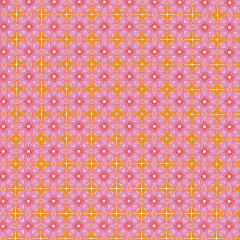 Pink fabric with a yellow geometric pattern.