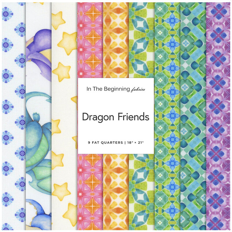 A collage of fabrics included in the Dragon Friends FQ Set.