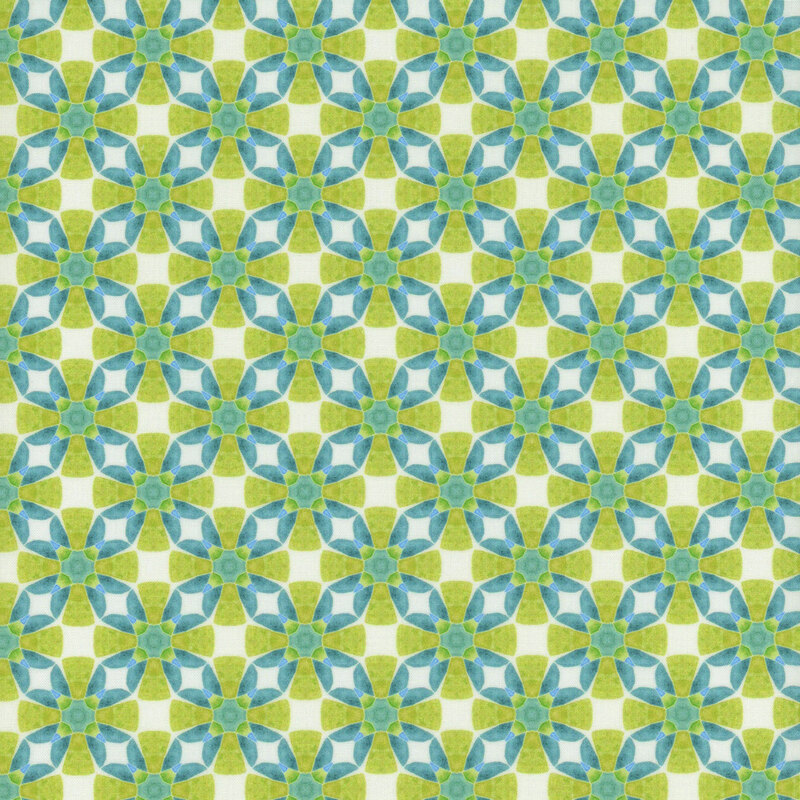 Green fabric with a diagonal teal geometric pattern.