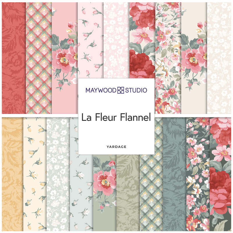 A stacked collage of the floral fabrics included in the La Fleur Flannel fabric collection.