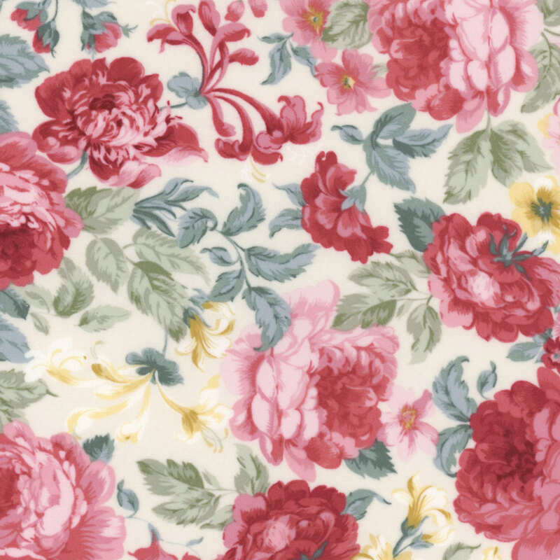 Cream fabric with large red, pink, and yellow florals.