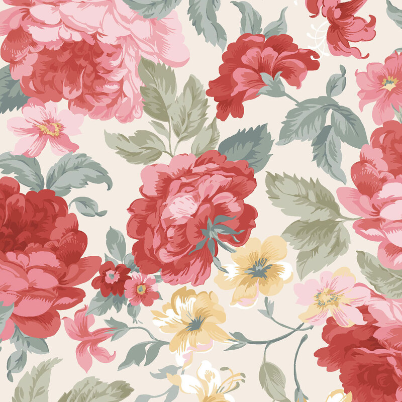 Cream fabric with large red, pink, and yellow florals.