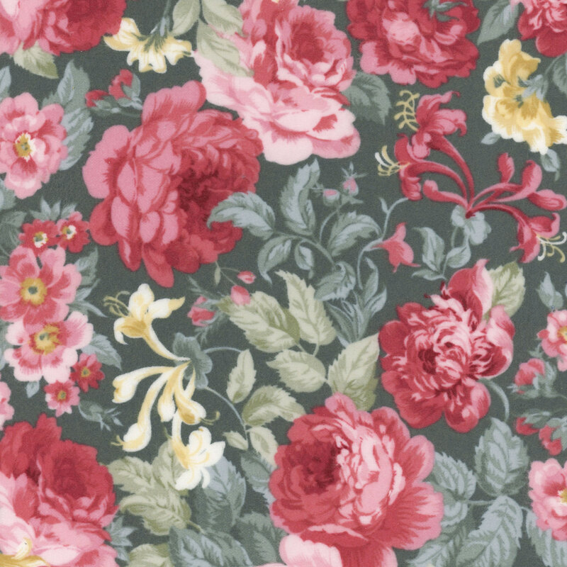 Eucalyptus green fabric with large red, pink, and yellow florals.
