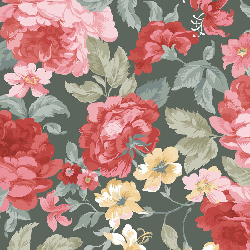 Eucalyptus green fabric with large red, pink, and yellow florals.