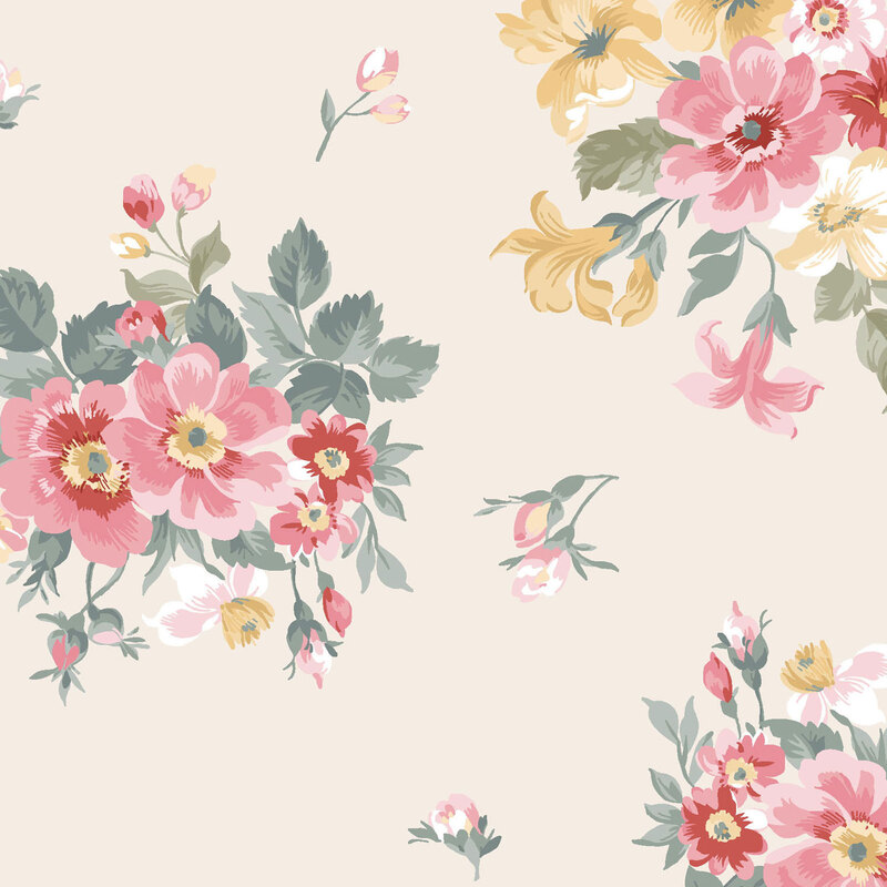 Cream fabric with bouquets of red, pink, and yellow florals with small sprigs tossed across the design.