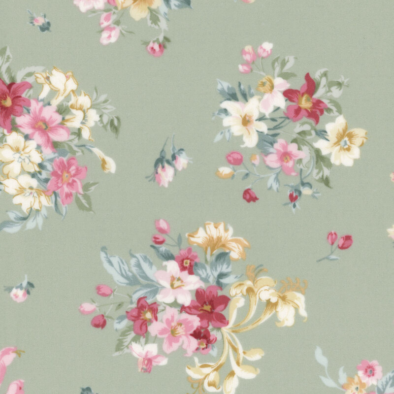 Sage green fabric with bouquets of red, pink, and yellow florals with small sprigs tossed across the design.