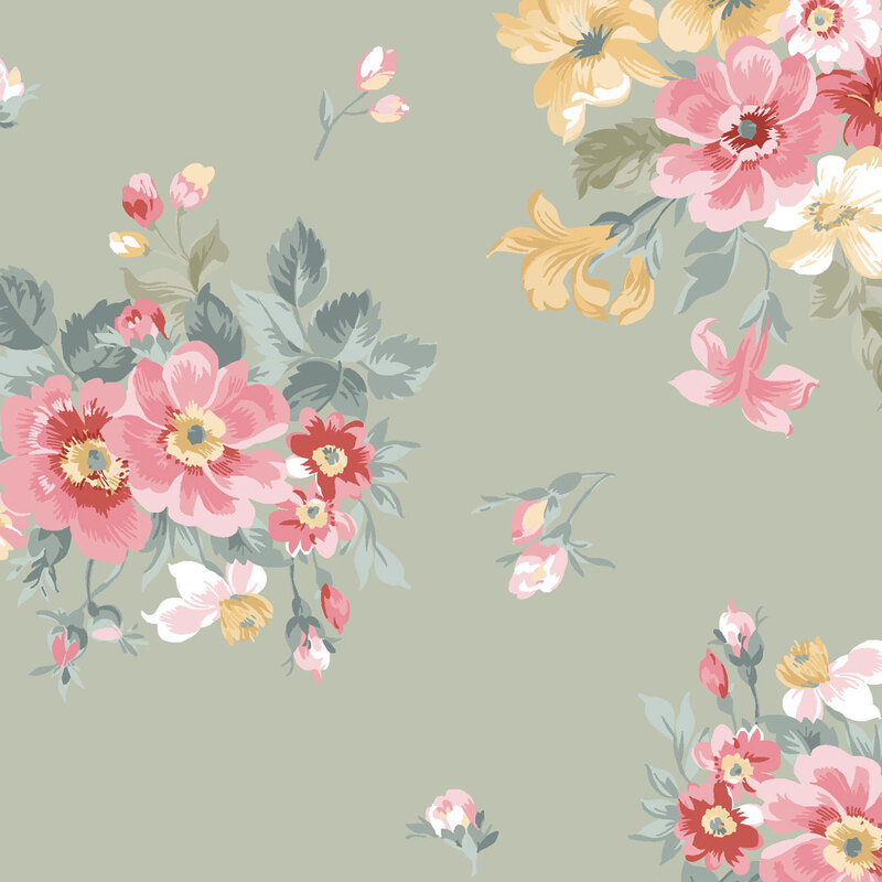 Sage green fabric with bouquets of red, pink, and yellow florals with small sprigs tossed across the design.