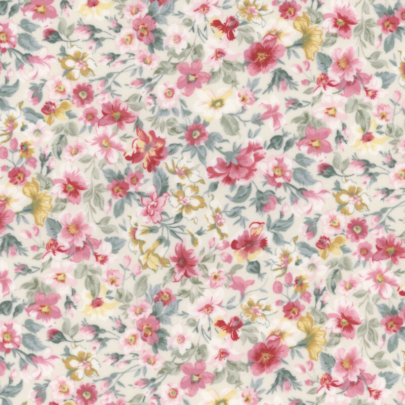 Cream fabric with a packed design of red, pink, and yellow florals.