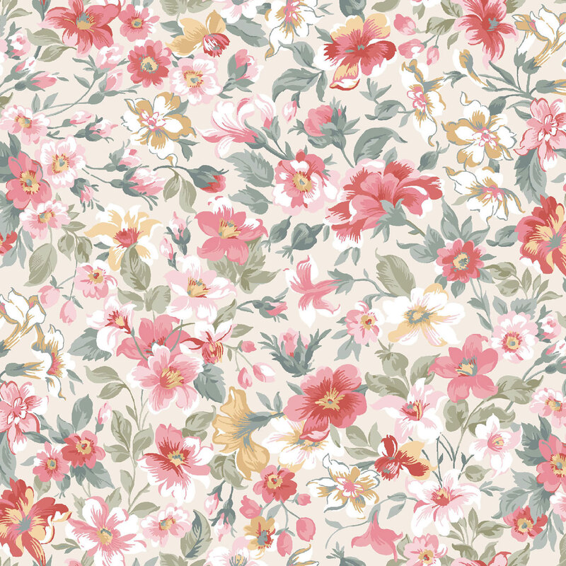 Cream fabric with a packed design of red, pink, and yellow florals.