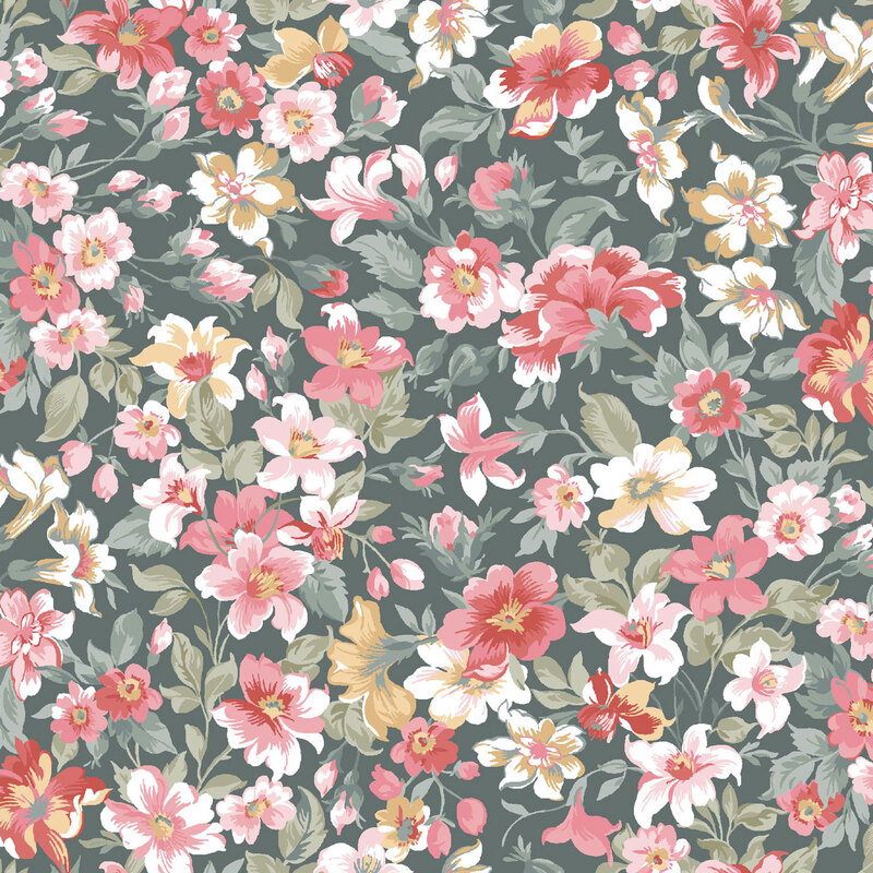 Eucalyptus green fabric with a packed design of red, pink, and yellow florals.