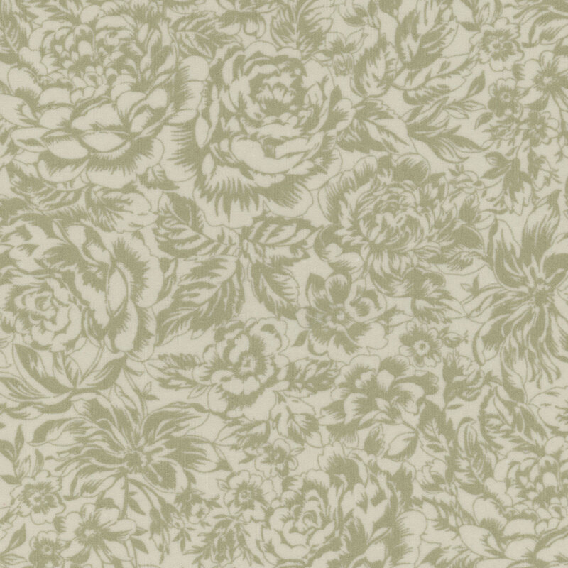 Light green fabric with a tonal designs of large florals and leaves.