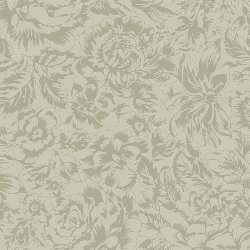 Light green fabric with a tonal designs of large florals and leaves.