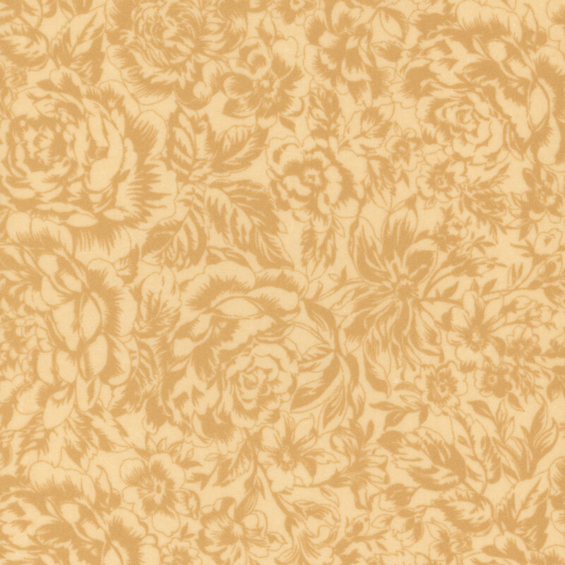 Yellow fabric with a tonal designs of large florals and leaves.