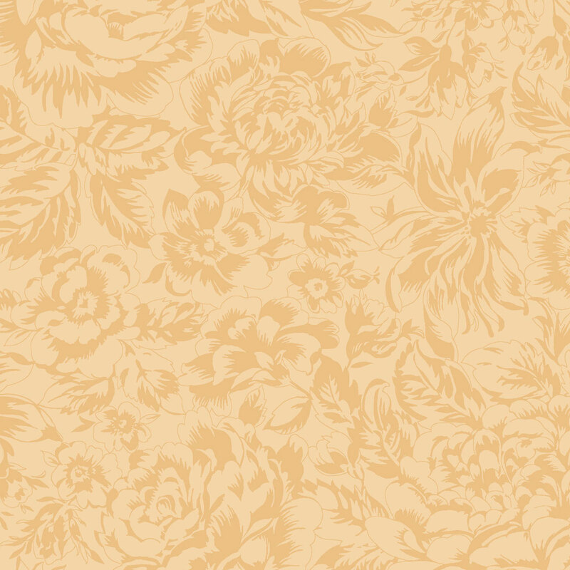 Yellow fabric with a tonal designs of large florals and leaves.