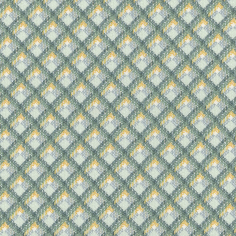 Fabric with a repeating textured lattice pattern in green, yellow, and cream tones.