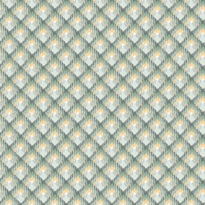 Fabric with a repeating textured lattice pattern in green, yellow, and cream tones.