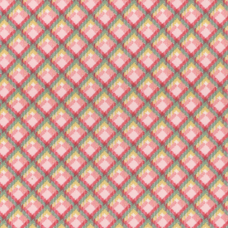 Fabric with a repeating textured lattice pattern in coral, yellow, and green tones.