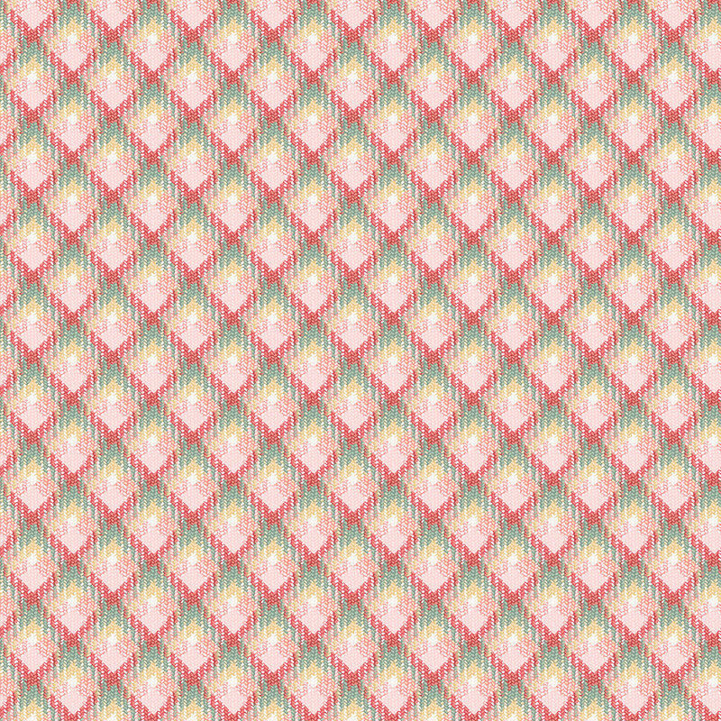 Fabric with a repeating textured lattice pattern in coral, yellow, and green tones.