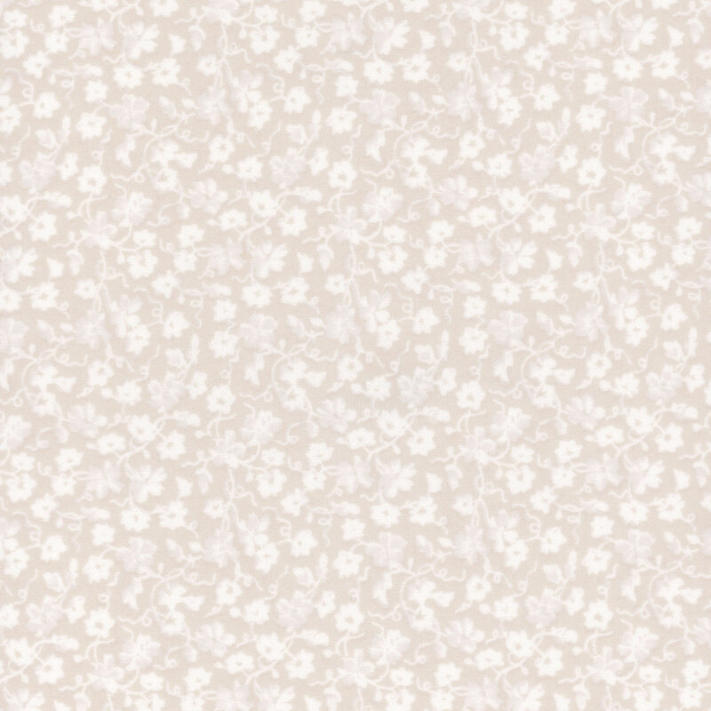Cream fabric with a white pattern of florals and swirling vines.