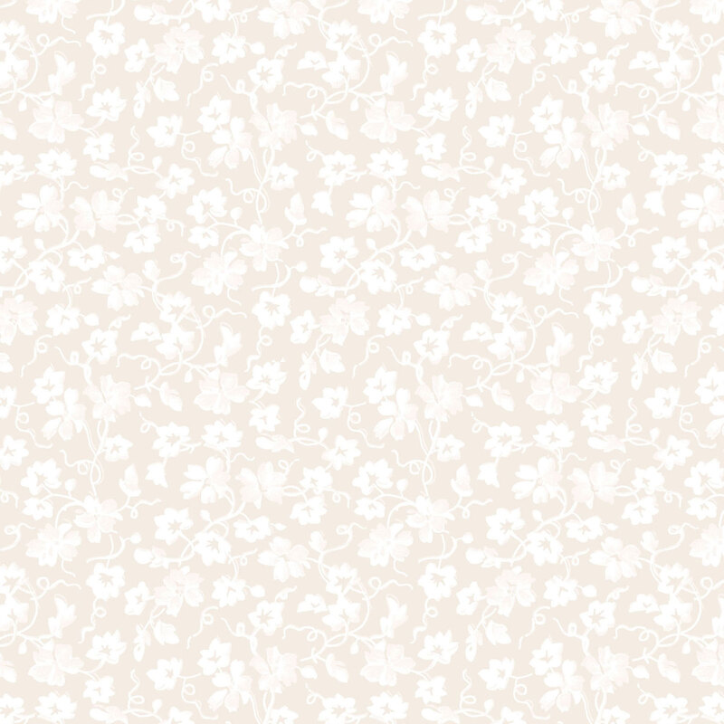 Cream fabric with a white pattern of florals and swirling vines.