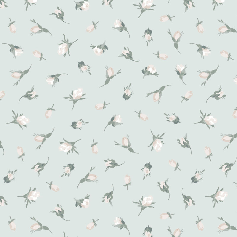 Light aqua fabric with tossed white flower buds.