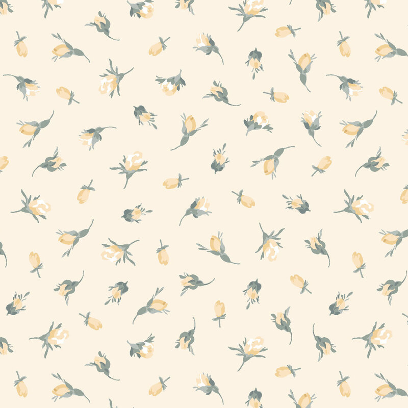 Light yellow fabric with tossed yellow flower buds.