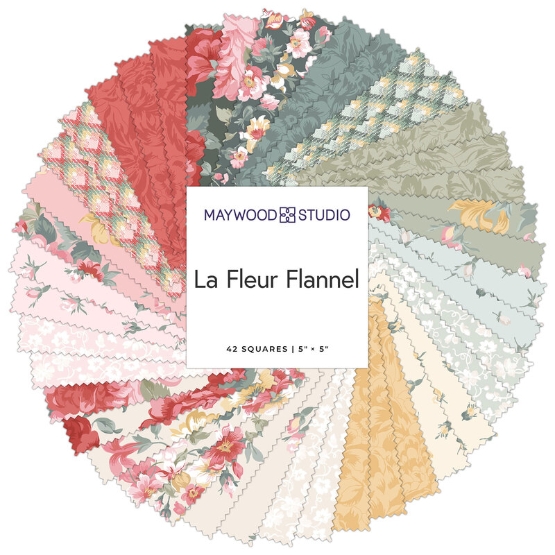 A spiral collage of the floral fabrics included in the La Fleur Flannel 5