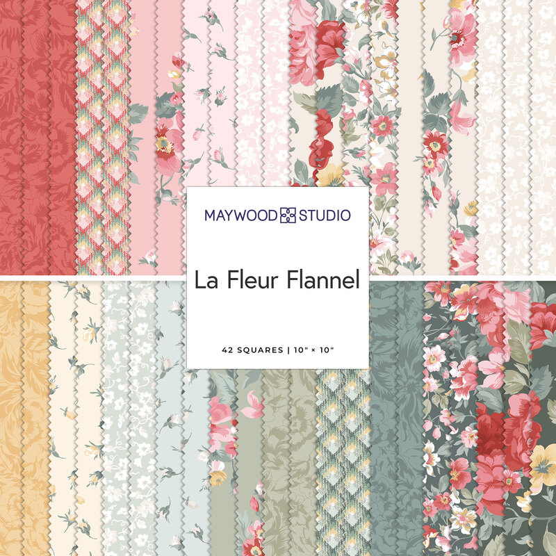 A spiral collage of the floral fabrics included in the La Fleur Flannel 10